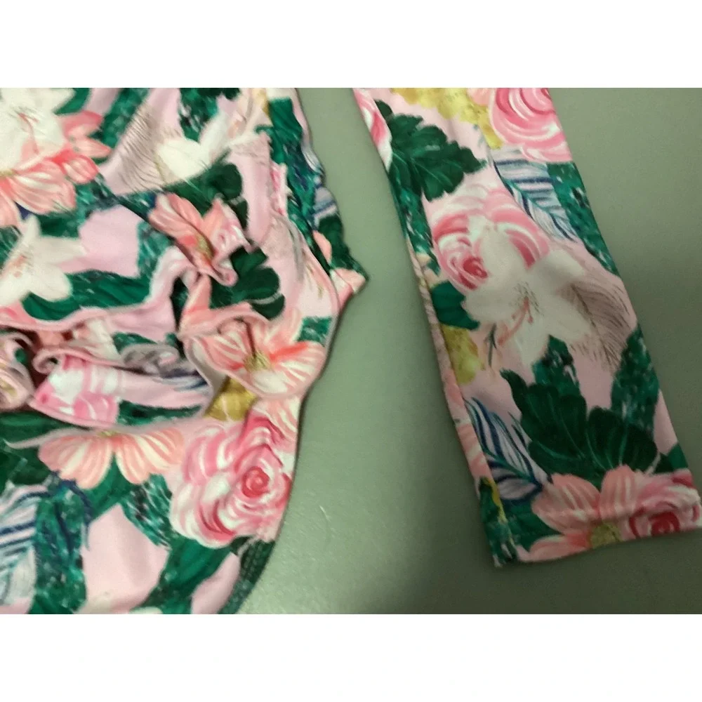 Tame the Sun Swimsuit Kids 7 Pink‎ Floral Long Sleeve Ruffles Tropical